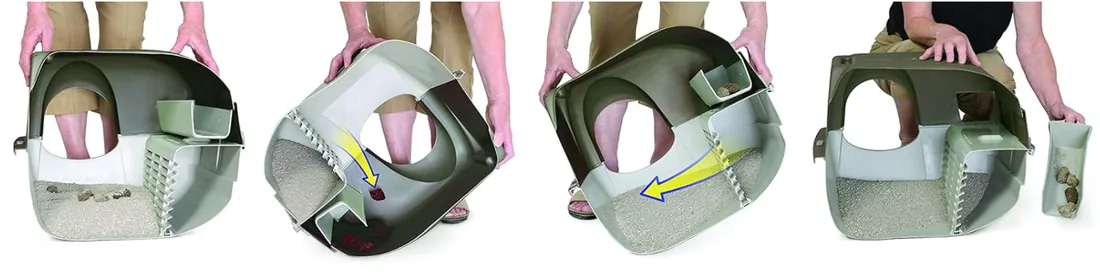 Comment fonctionne l'Omega Paw : on roule le bac pour tamiser la litière en 4 étapes