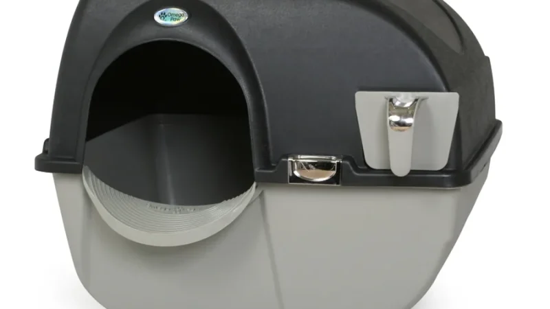 Litière autonettoyante manuelle Omega Paw Elite Roll n Clean, coloris noir et gris