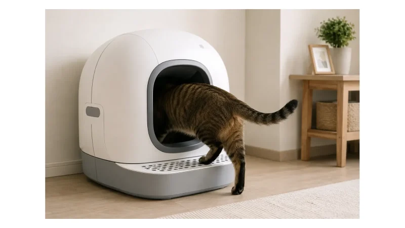 Chat utilisant une litière automatique